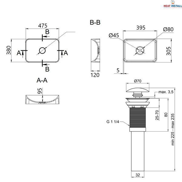 Раковина накладна Qtap Aquarius 470x380x120 мм, Beige, прямокутна, з донним клапаном QTAQA188SB49781 SD00055905 фото
