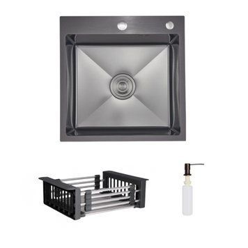 Комплект Lidz Handmade H5050HB Мийка для кухні інтегрована Decor Black PVD Honeycomb у комплекті з дозатором + Lidz LIDZK01B Корзина для кухонної мийки SD00055251 фото