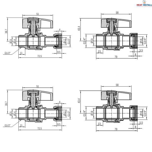 Комплект прямих кранів Thermo Alliance Standart 1/2"ВН-3/4"ВН з накидною гайкою для підключення котла TAS262RBW1520 SD00054691 фото