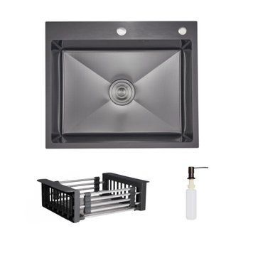 Комплект Lidz Handmade H6050HB Мийка для кухні інтегрована Decor Black PVD Honeycomb у комплекті з дозатором + LIDZK01B Корзина для кухонної мийки SD00055253 фото