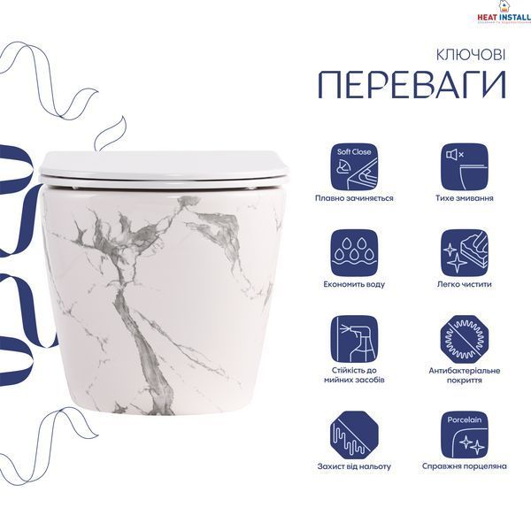 Унітаз підвісний Robin Ultra Quiet 490&times;365&times;325&nbsp;мм, Marble, з сидінням Slim Duroplast / Soft-close / Quick Release QT13332381АSMR Qtap SD00054281 фото