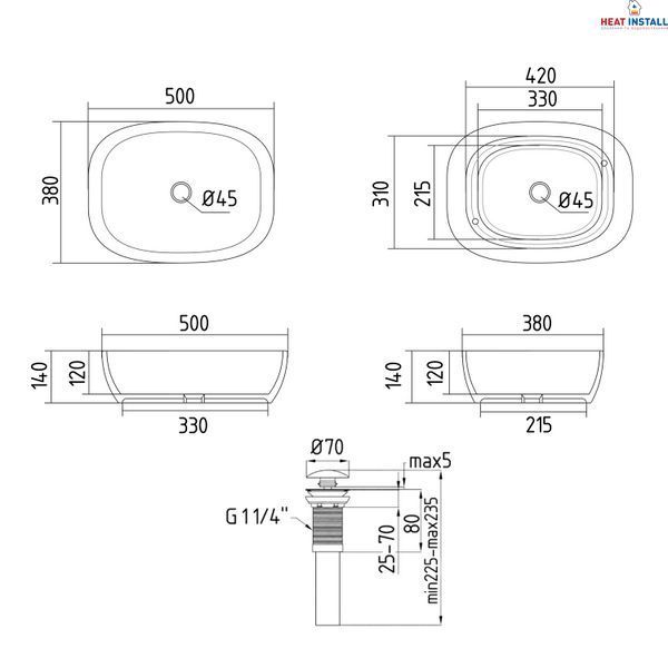 Раковина накладна Qtap Cardinal 500х380х140 мм, Stone grey, прямокутна, з донним клапаном QTCAR188SG49824 SD00055948 фото