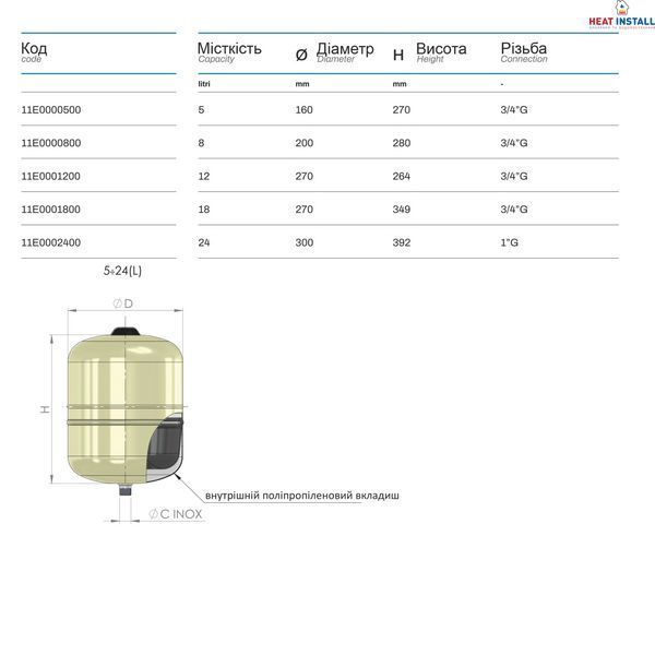 Гідроакумулятор з фіксованою мембраною HYDRO-PLUS E 8L (11E0000800) 000032343 фото