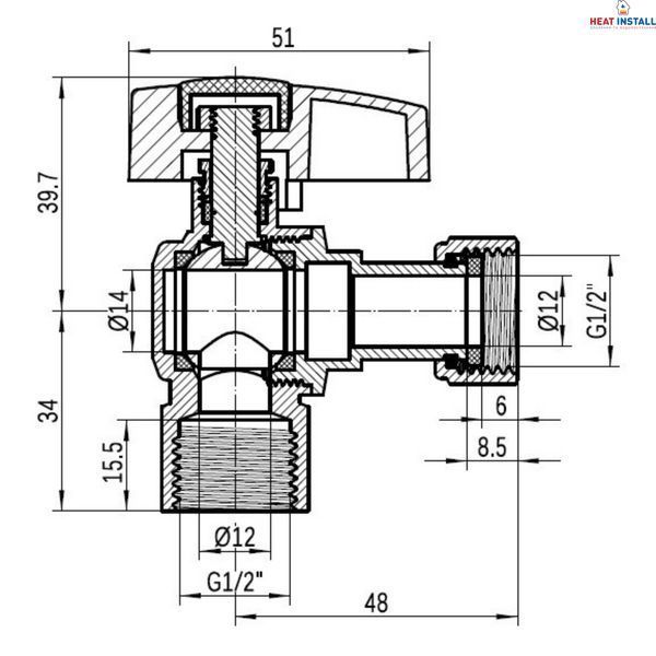 Кран кульовий Thermo Alliance Standart 1/2"ВВ кутовий, PN40, з накидною гайкою TAS223W15 SD00054689 фото