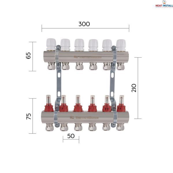 Колектор латунний з витратомірами та євроконусами Thermo Alliance Standart 1" на 6 виходів TAS235W6E SD00055267 фото