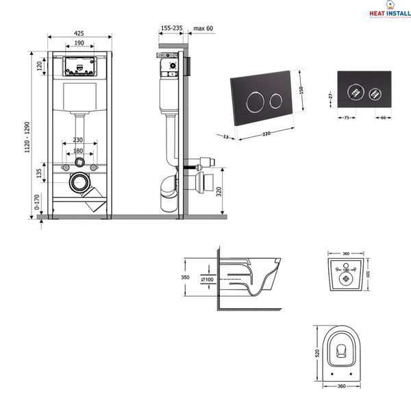 Готове рішення Qtap для ванної кімнати: підвісний унітаз Jay Ultra Quiet 520x360x320 + комплект інсталяції Nest 4 в 1 (кругла клавіша Matt Black) SD00054316 фото