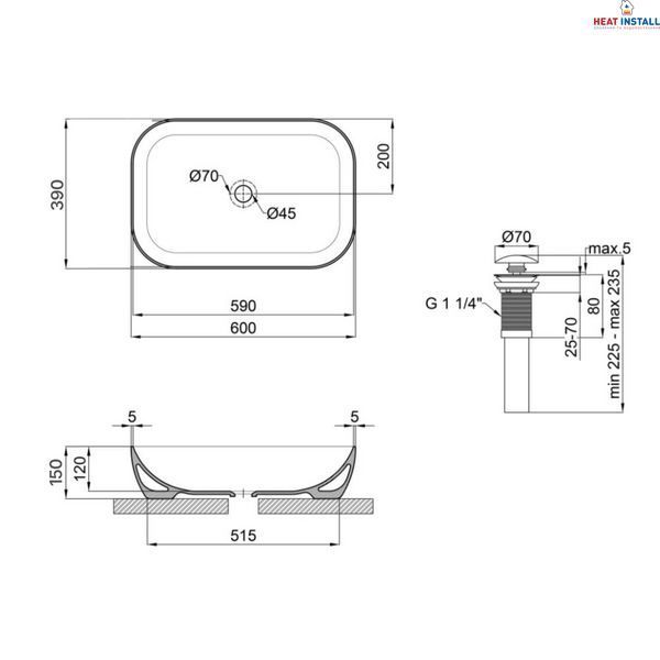 Комплект Qtap Robin: Раковина накладна прамокутна 600x390x150 мм White + Донний клапан PU02 SD00053421 фото