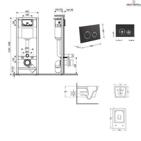 Готове рішення Qtap для ванної кімнати: підвісний унітаз Crow Ultra Quiet 520x360x290 + комплект інсталяції Nest 4 в 1 (кругла клавіша Matt Black) SD00054317 фото
