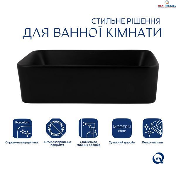 Комплект Qtap Tern: Раковина накладна прамокутна 480х370х135 мм Matt Black + Донний клапан PU03 SD00053424 фото