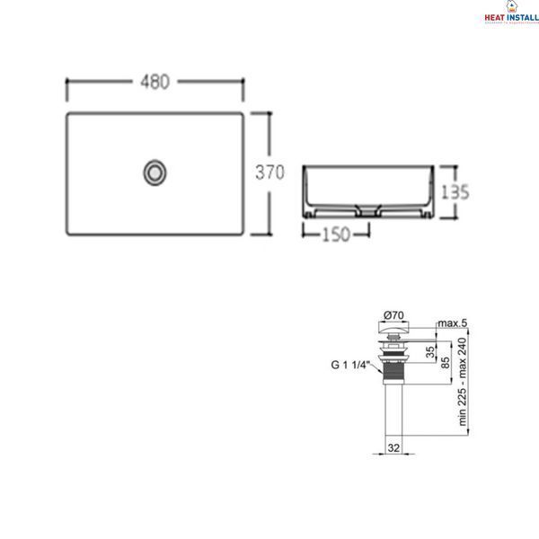 Комплект Qtap Tern: Раковина накладна прамокутна 480х370х135 мм Matt Black + Донний клапан PU03 SD00053424 фото