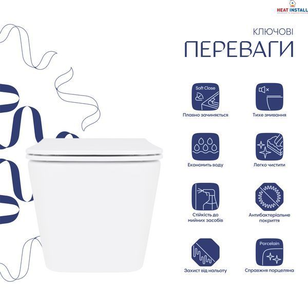 Унітаз підвісний Crow Rimless 485х340х330 мм, White, з сидінням Slim Duroplast/ Soft-close/ Quick Release QT05335171RW Qtap SD00054228 фото