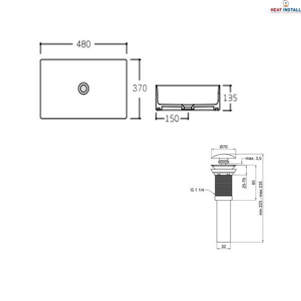 Комплект Qtap Tern: Раковина накладна прамокутна 480х370х135 мм White + Донний клапан PU02 SD00053425 фото