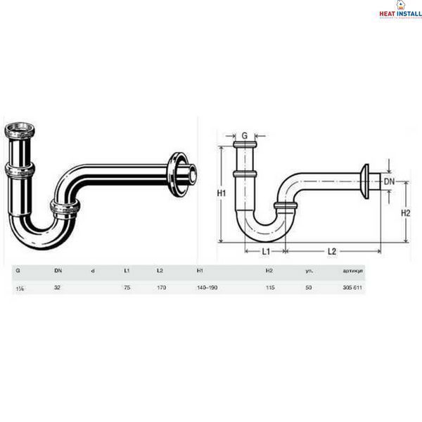 Сифон для раковини VIEGA 1 1/4&Prime;х1 1/4&Prime; хром трубний б/г 305611 000007310 фото