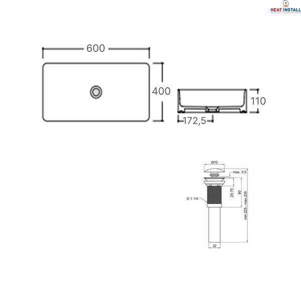 Комплект Qtap Tern: Раковина накладна прамокутна 600x400x110 мм WHITE + Донний клапан PU02 SD00053427 фото