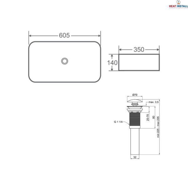 Комплект Qtap Tern: Раковина накладна прамокутна 610x350x135 мм WHITE + Донний клапан PU02 SD00053428 фото