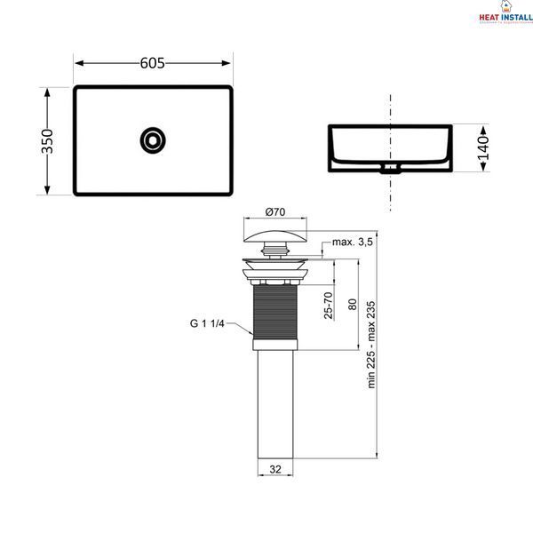 Раковина накладна Qtap Tern Раковина накладна 610x350x135 мм, Marble, прямокутна, з донним клапаном QTTER188MR49791 SD00055915 фото