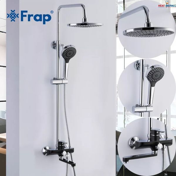 Душева система Frap F2442, поворотний вилив - перемикач на лійку, 3 режими, чорний/хром 1033772 фото