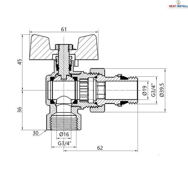 Кран кульовий Thermo Alliance Standart з америк. (конус) антипротікання кутовий метелик латун. нікелір. 3/4"зв PN40 SD901NW20PN40 SD00050576 фото