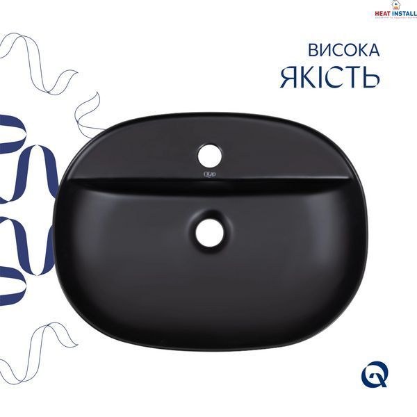 Комплект Qtap Scorpio: Раковина накладна овальна 500x380x120 мм Matt Black + Донний клапан PU03 SD00053436 фото