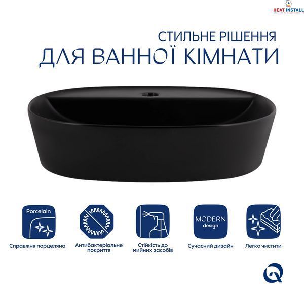 Комплект Qtap Scorpio: Раковина накладна овальна 500x380x120 мм Matt Black + Донний клапан PU03 SD00053436 фото