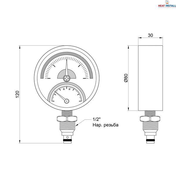 Термоманометр Thermo Alliance Standart 80 мм 1/2", нижнє підмикання SD1724B SD00021360 фото