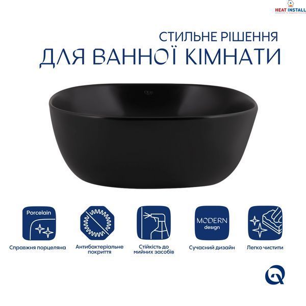 Комплект Qtap Kolibri: Раковина накладна квадратна 400х400х140 мм Matt Black + Донний клапан PU03 SD00053440 фото