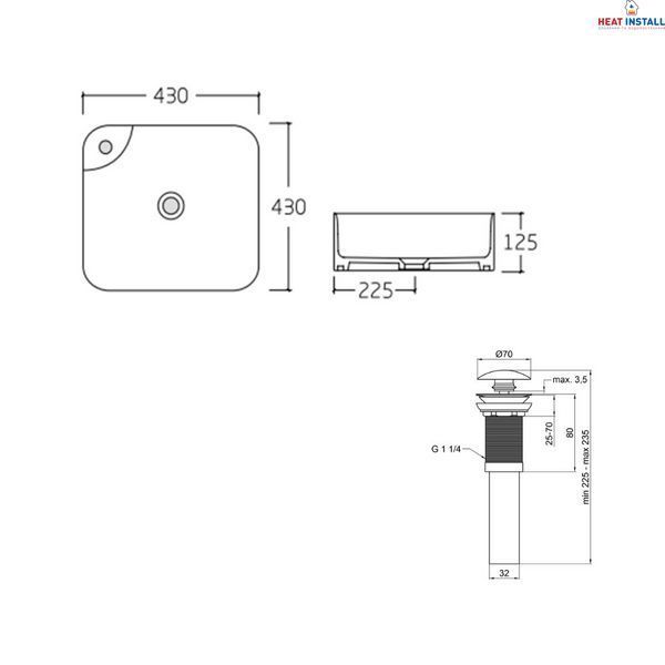 Комплект Qtap Stork: Раковина накладна квадратна 430x430x125 мм White + Донний клапан PU02 SD00053442 фото