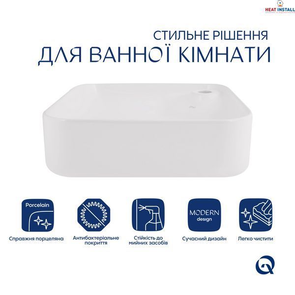 Комплект Qtap Stork: Раковина накладна квадратна 430x430x125 мм White + Донний клапан PU02 SD00053442 фото