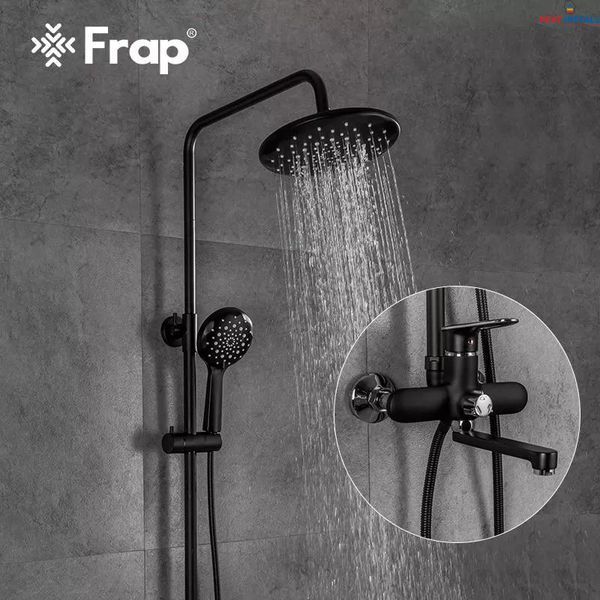 Душева система Frap F2449-6, поворотний вилив - перемикач на лійку, 3 режими, чорний/хром 1040778 фото