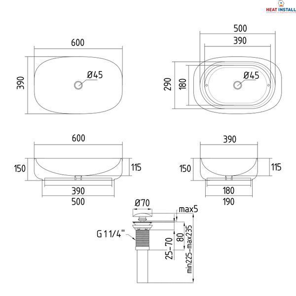 Раковина накладна Qtap Robin 600x390x150 мм, Stone grey, прямокутна, з донним клапаном QTROB188SG49786 SD00055910 фото