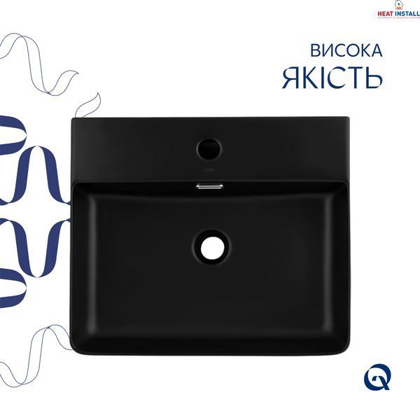 Комплект Qtap Nando LT: Раковина підвісна прамокутна 500х420х130 мм Matt Black + Донний клапан PU03O SD00053446 фото