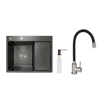Акційний набір Lidz: мийка H6350BR інтегрована крило справа Brushed Black PVD 3,0/1,0 мм + Змішувач Aria для кухні з гнучким виливом (k35) Black SD00057372 фото