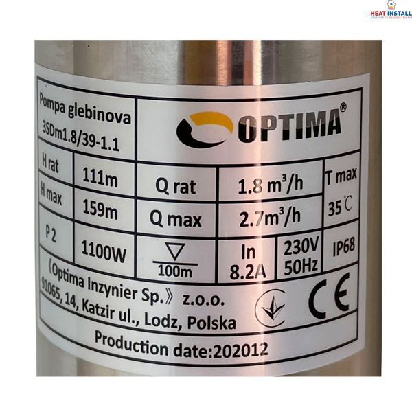 Насос свердловинний з підв, стійк, до піску 3&Prime; OPTIMA 3SDm1,8/39 1,1 кВт 159м +пульт+кабель 1,5мNEW 000021402 фото