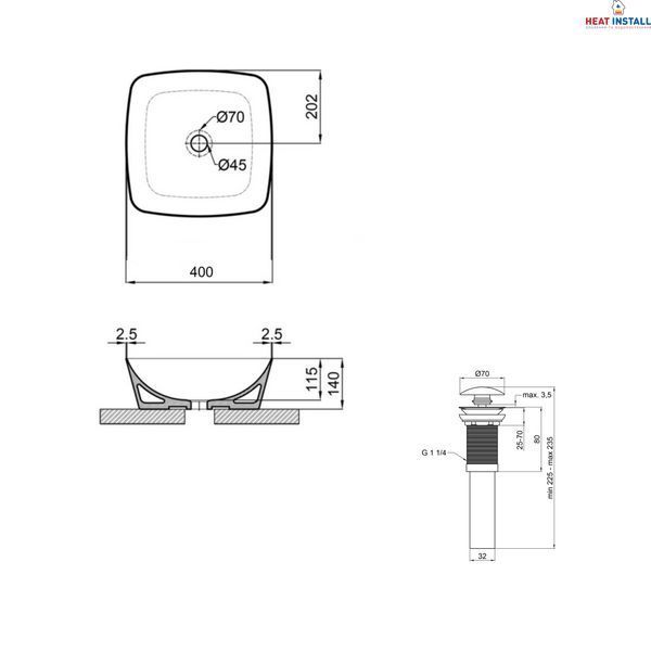 Комплект Qtap Kolibri: Раковина накладна 400x400x140 мм, White, квадратна + Донний клапан Pop-up PU02 SD00054590 фото