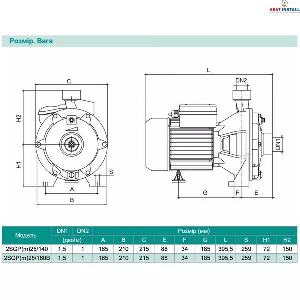 Відцентровий насос SHIMGE 2SGP(m)25/160B, 1.5кВт, Нmax=50 м, Qmax=200 л/хв 1037856 фото