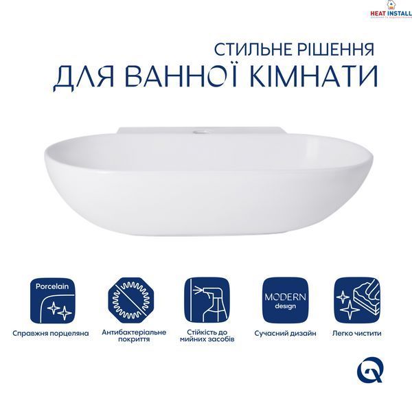 Комплект Qtap Cardinal: Раковина підвісна / накладна овальна 565х400х130 мм White + Донний клапан PU02 SD00053454 фото