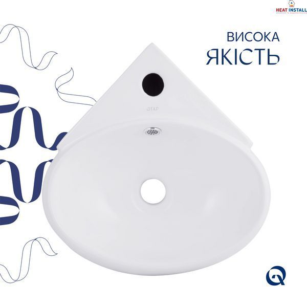 Комплект Qtap Leo N: Раковина підвісна угловая овальна 380x360x130 мм WHITE + Донний клапан PU02O SD00053455 фото