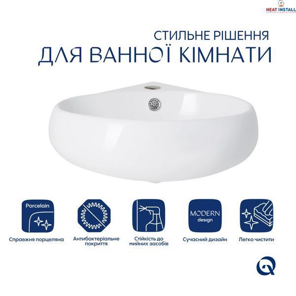 Комплект Qtap Leo N: Раковина підвісна угловая овальна 380x360x130 мм WHITE + Донний клапан PU02O SD00053455 фото