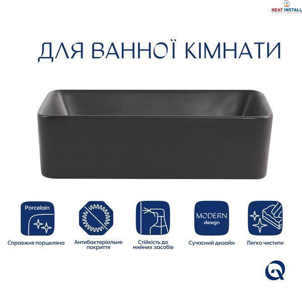 Раковина накладна Qtap Tern 480x370x135 мм, Anthracite, прямокутна, з донним клапаном QT17116069AN SD00054300 фото
