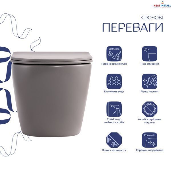 Унітаз підвісний Robin Ultra Quiet 490&times;365&times;325 мм, Stone Grey, з сидінням Slim Duroplast / Soft-close / Quick Release QT13332381АSSG Qtap SD00054282 фото