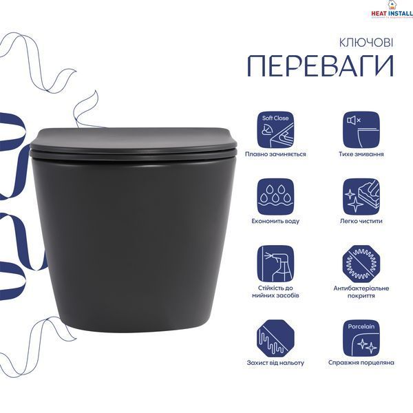 Унітаз підвісний Robin Ultra Quiet 490&times;365&times;325 мм, Anthracite, з сидінням Slim Duroplast / Soft-close / Quick Release QT13332381АSAN Qtap SD00054283 фото